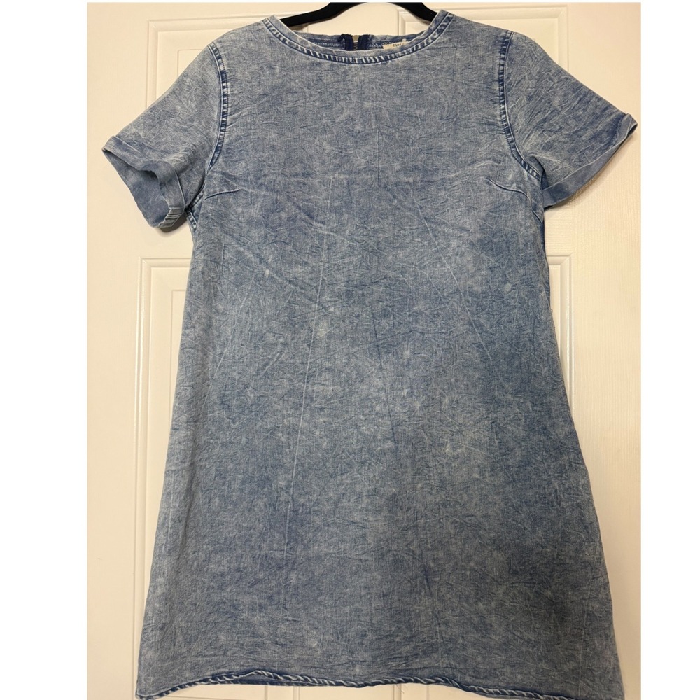 Timing Women Blue Acid Wash Denim Shift Mini Dress Short Sleeve Size L